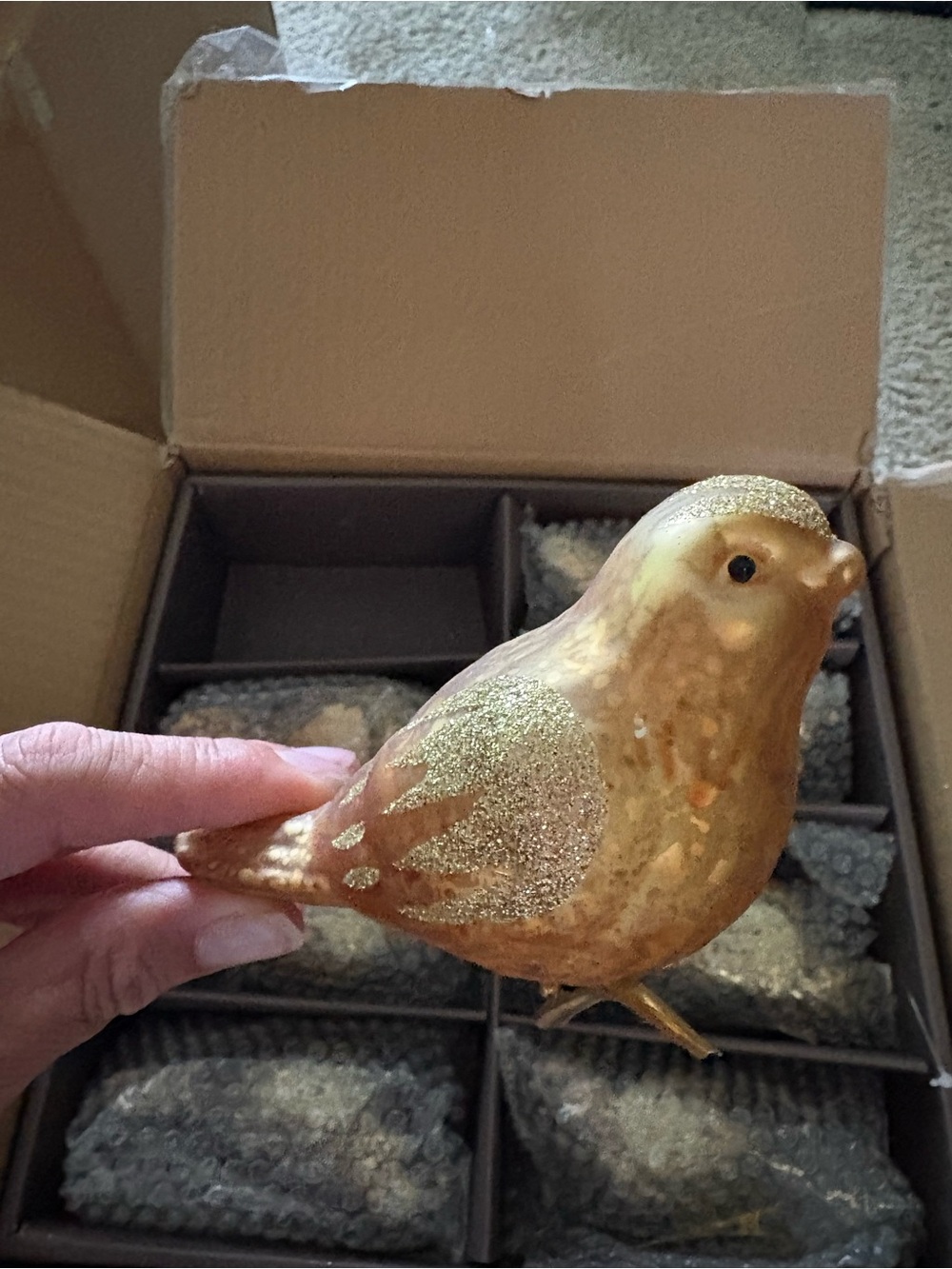 Golden Decorative Glass Mercury  Bird  Set- Glitter Accent